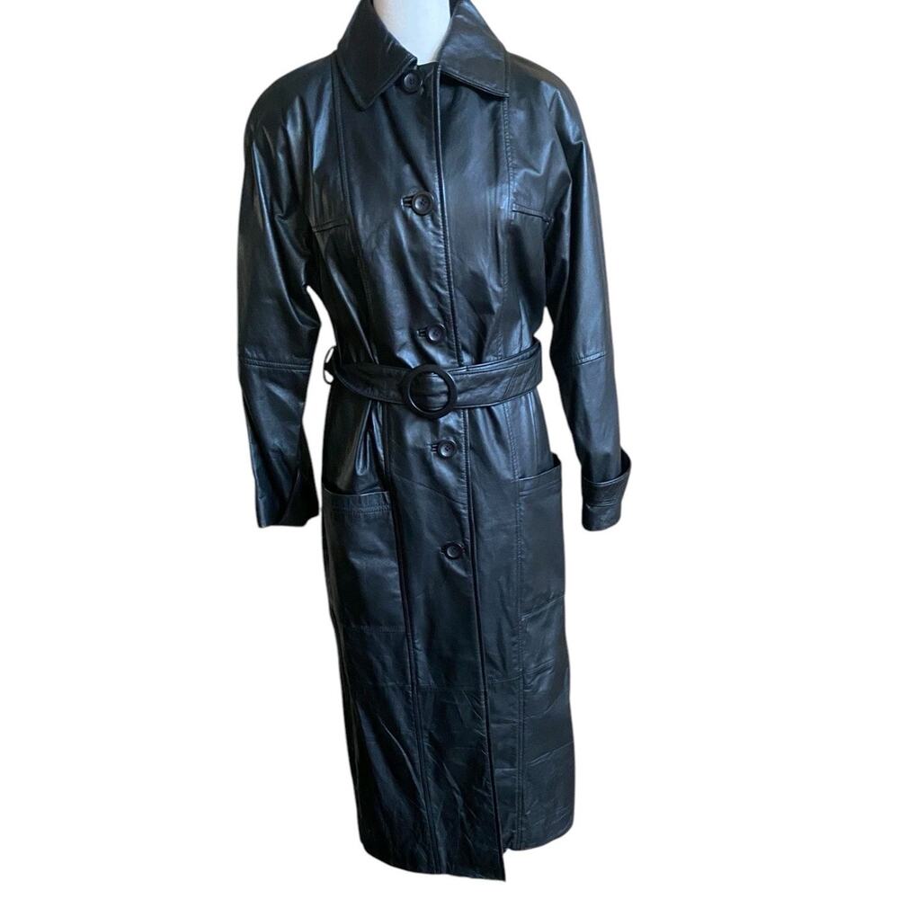 Vtg Leather Long Black Trench Coat Women PS Petite S Belt Avanti Jacket